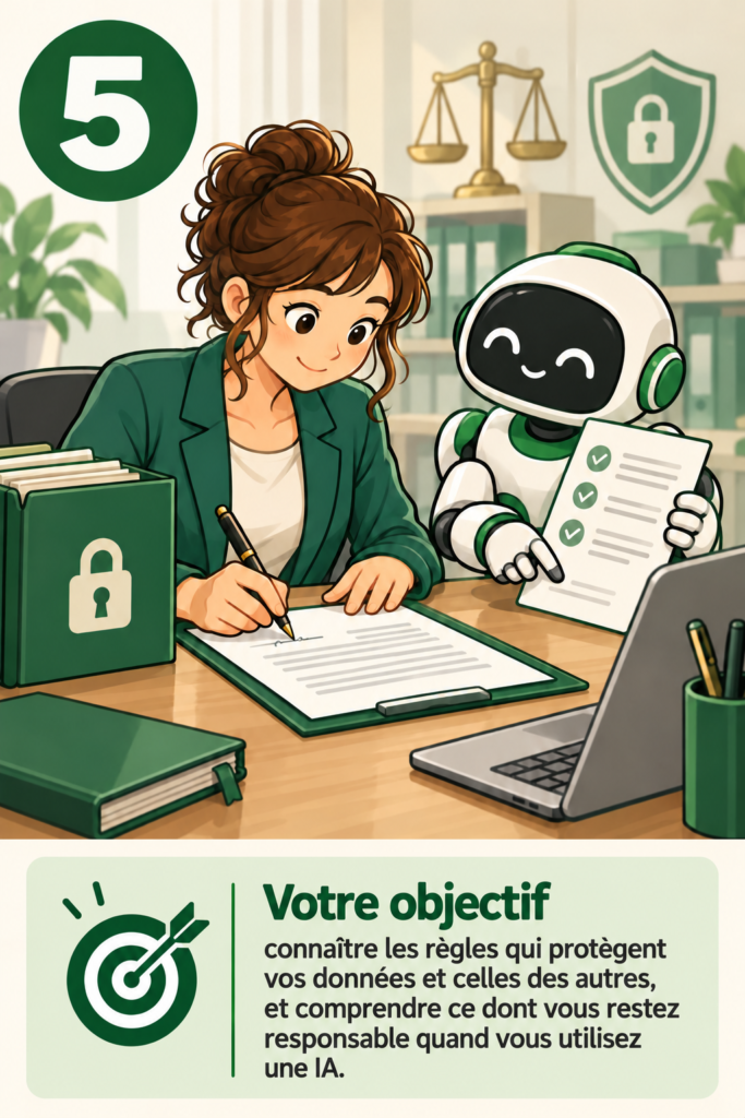 Une femme signe un document à côté d'un robot, avec un classeur cadenassé et une balance de la justice