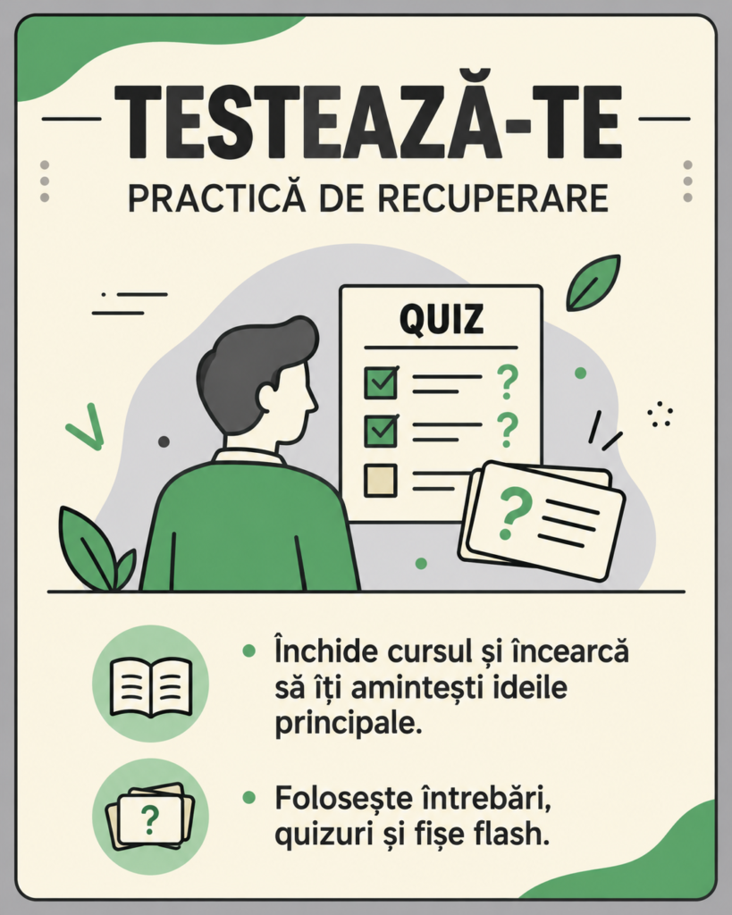 Testează-te, practică de recuperare: închide cursul și încearcă să îți amintești ideile principale; folosește întrebări, quizuri și fișe flash