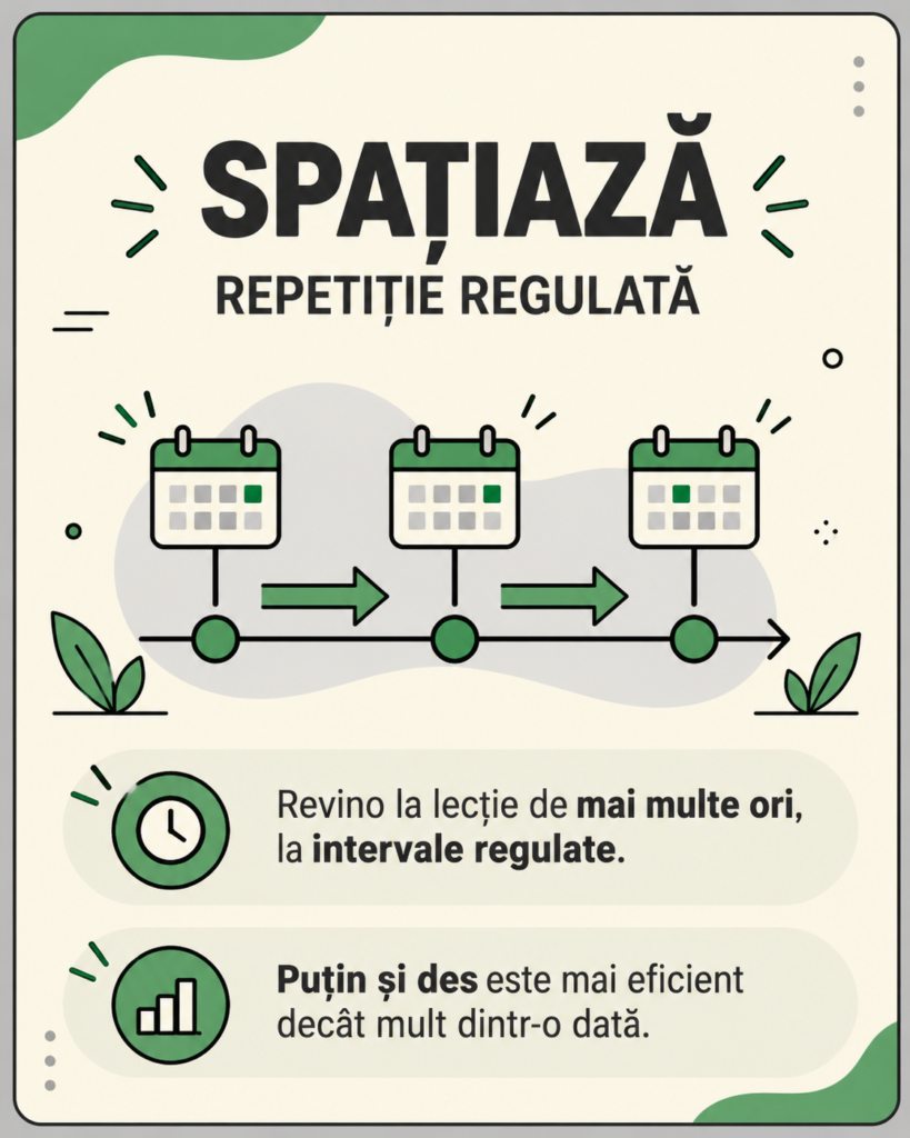 Spațiază, repetiție regulată: revino la lecție de mai multe ori, la intervale regulate; puțin și des este mai eficient decât mult dintr-o dată