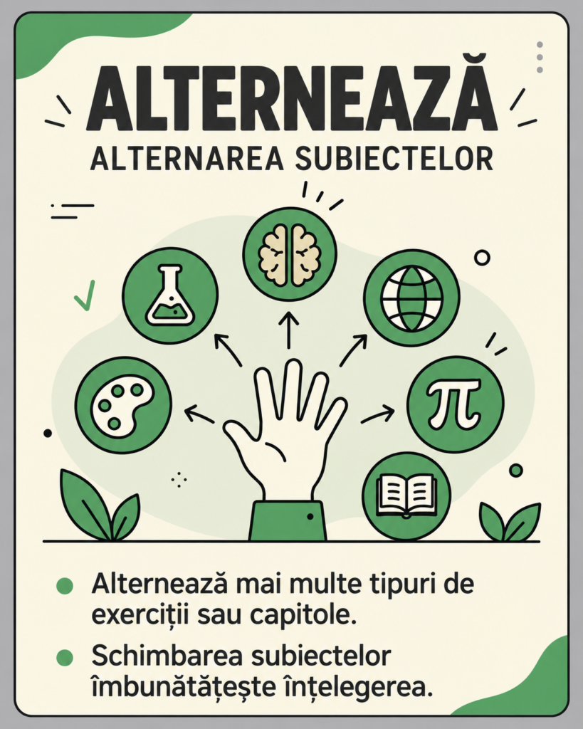 Alternează, alternarea subiectelor: alternează mai multe tipuri de exerciții sau capitole; schimbarea subiectelor îmbunătățește înțelegerea