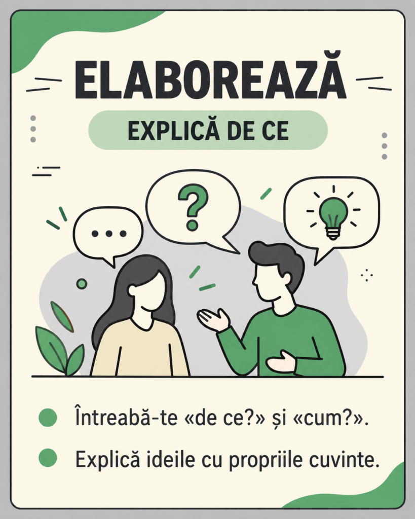 Elaborează, explică de ce: întreabă-te de ce și cum; explică ideile cu propriile cuvinte