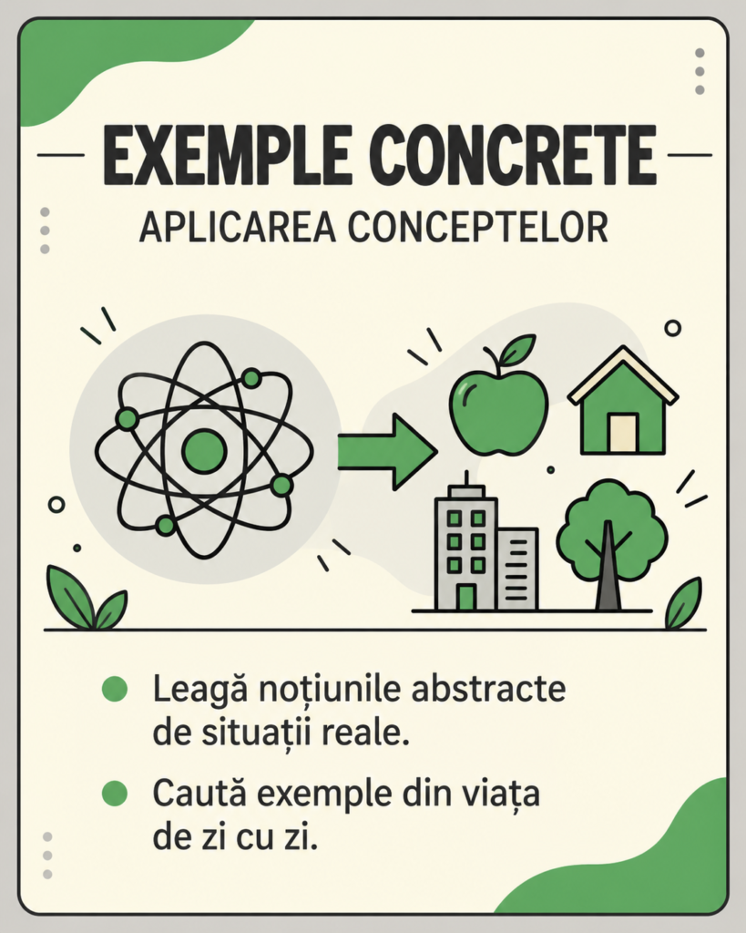 Exemple concrete, aplicarea conceptelor: leagă noțiunile abstracte de situații reale; caută exemple din viața de zi cu zi