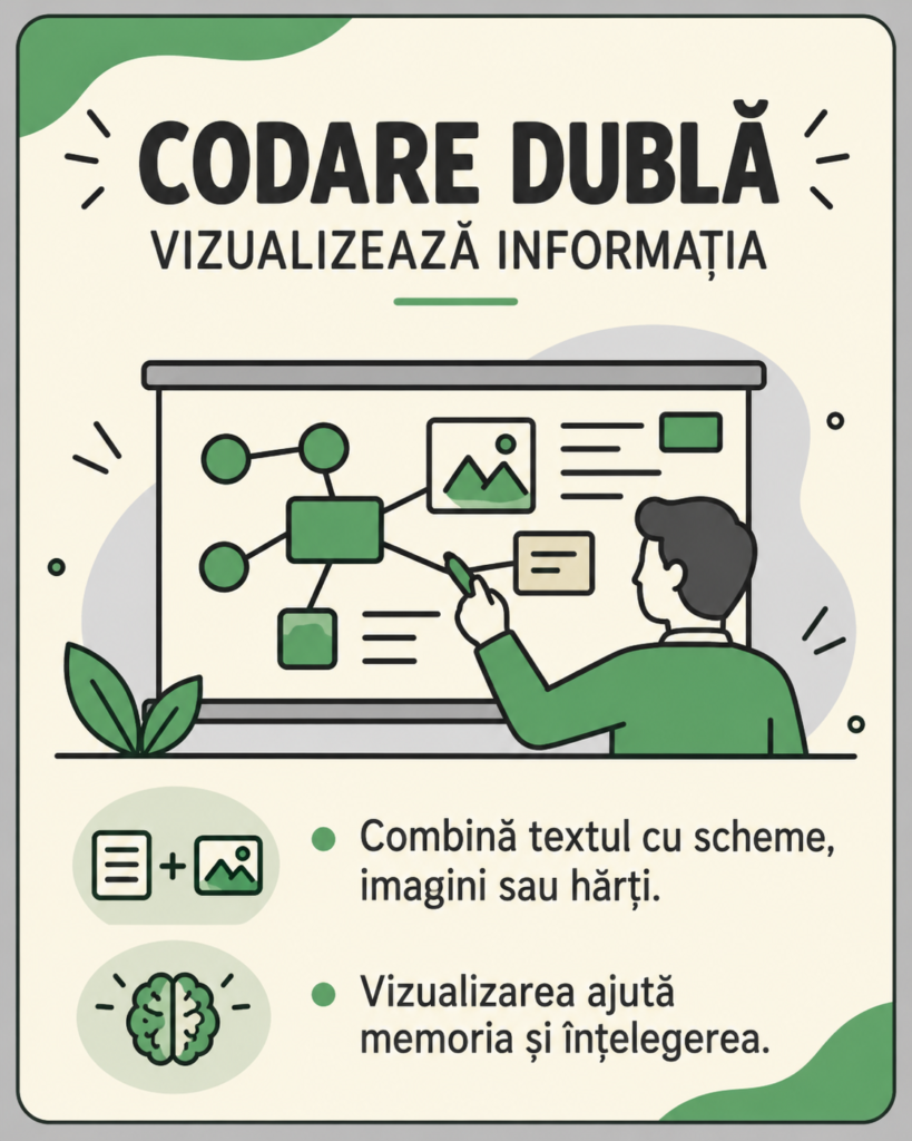 Codare dublă, vizualizează informația: combină textul cu scheme, imagini sau hărți; vizualizarea ajută memoria și înțelegerea