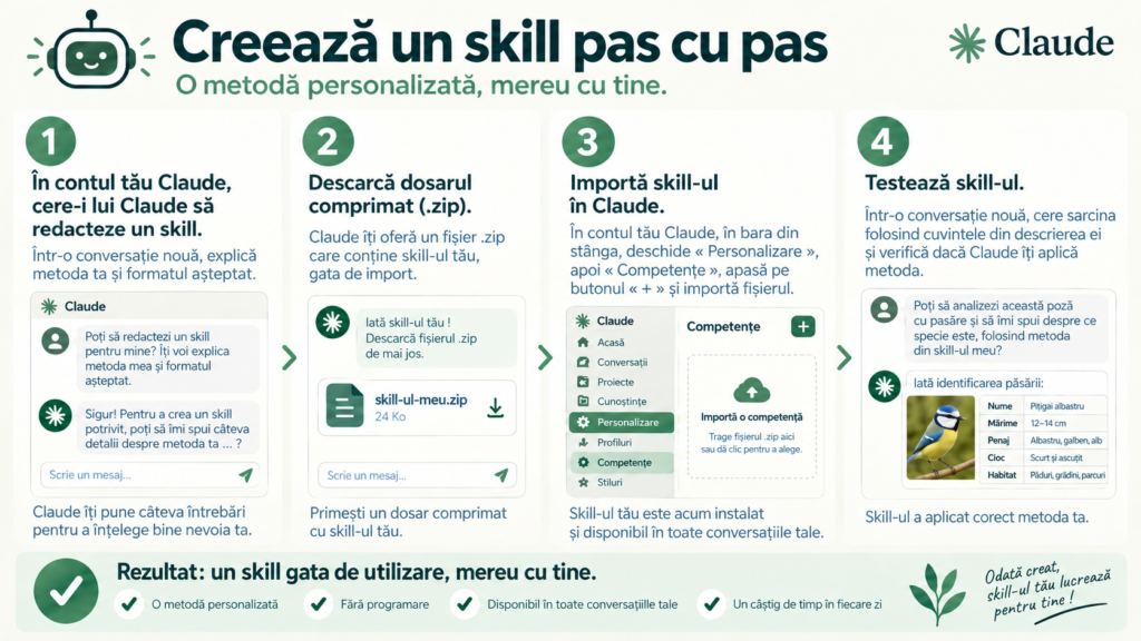 Infografie în 4 pași: cum creați și importați un skill în contul Claude gratuit