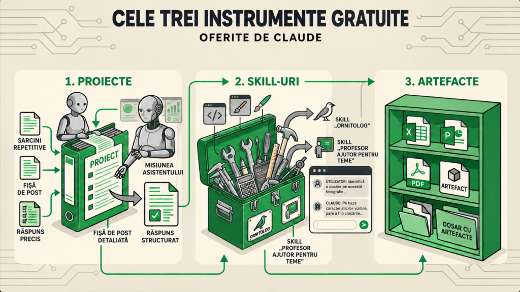 Claude gratuit: infografie cu cele trei instrumente gratuite, proiectele, skill-urile și artefactele