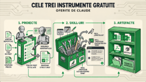 Claude gratuit: infografie cu cele trei instrumente gratuite, proiectele, skill-urile și artefactele