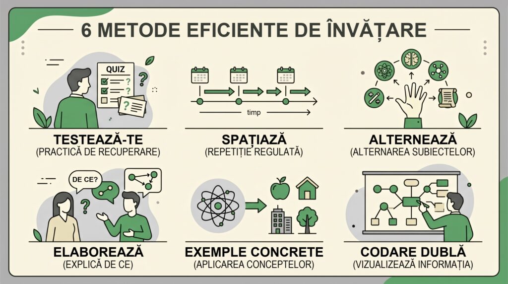 Infografic cu cele 6 metode pentru a învăța eficient: testează-te, spațiază, alternează, elaborează, exemple concrete, codare dublă