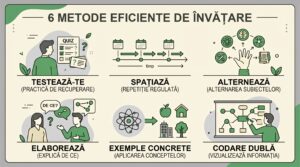 Infografic cu cele 6 metode pentru a învăța eficient: testează-te, spațiază, alternează, elaborează, exemple concrete, codare dublă