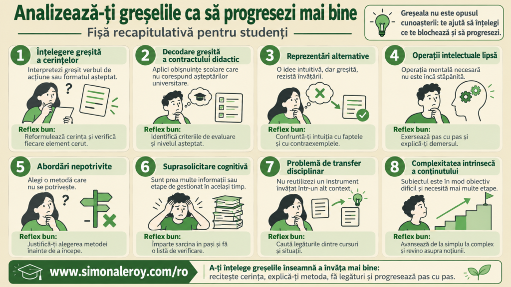 Analizează-ți greșelile ca să progresezi mai bine: fișă recapitulativă a celor 8 tipuri de greșeli după Astolfi, cu reflexul bun pentru fiecare