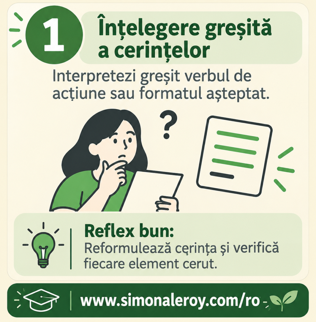 Fișa 1, înțelegere greșită a cerințelor: interpretezi greșit verbul de acțiune sau formatul așteptat. Reflex bun: reformulează cerința și verifică fiecare element cerut.