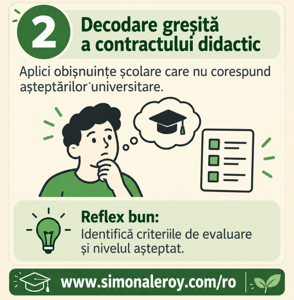Fișa 2, decodare greșită a contractului didactic: aplici obișnuințe școlare care nu corespund așteptărilor universitare. Reflex bun: identifică criteriile de evaluare și nivelul așteptat.