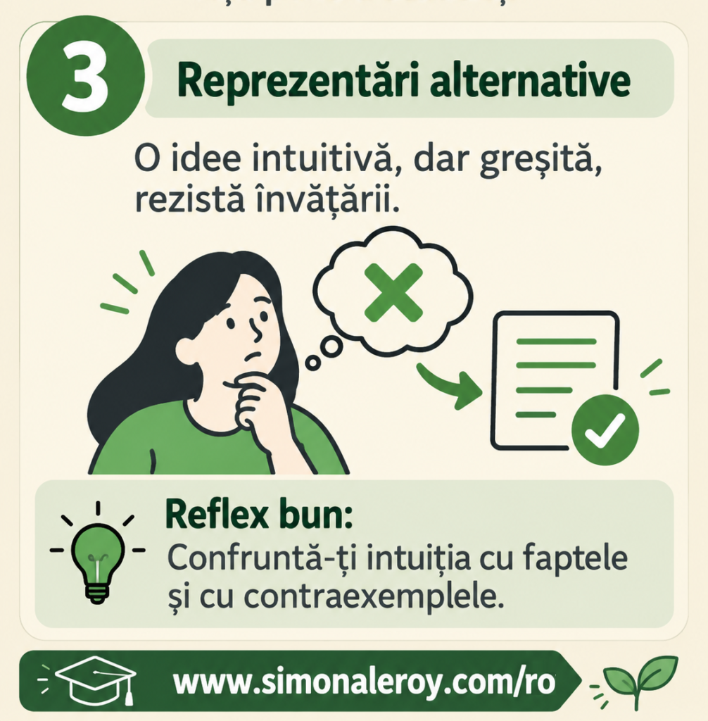 Fișa 3, reprezentări alternative: o idee intuitivă, dar greșită, rezistă învățării. Reflex bun: confruntă-ți intuiția cu faptele și cu contraexemplele.