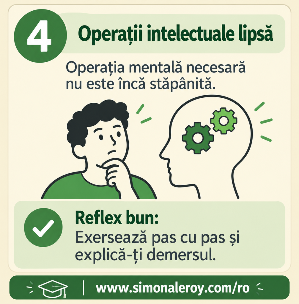 Fișa 4, operații intelectuale lipsă: operația mentală necesară nu este încă stăpânită. Reflex bun: exersează pas cu pas și explică-ți demersul.