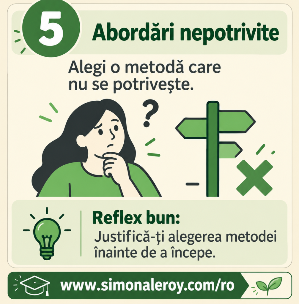Fișa 5, abordări nepotrivite: alegi o metodă care nu se potrivește. Reflex bun: justifică-ți alegerea metodei înainte de a începe.