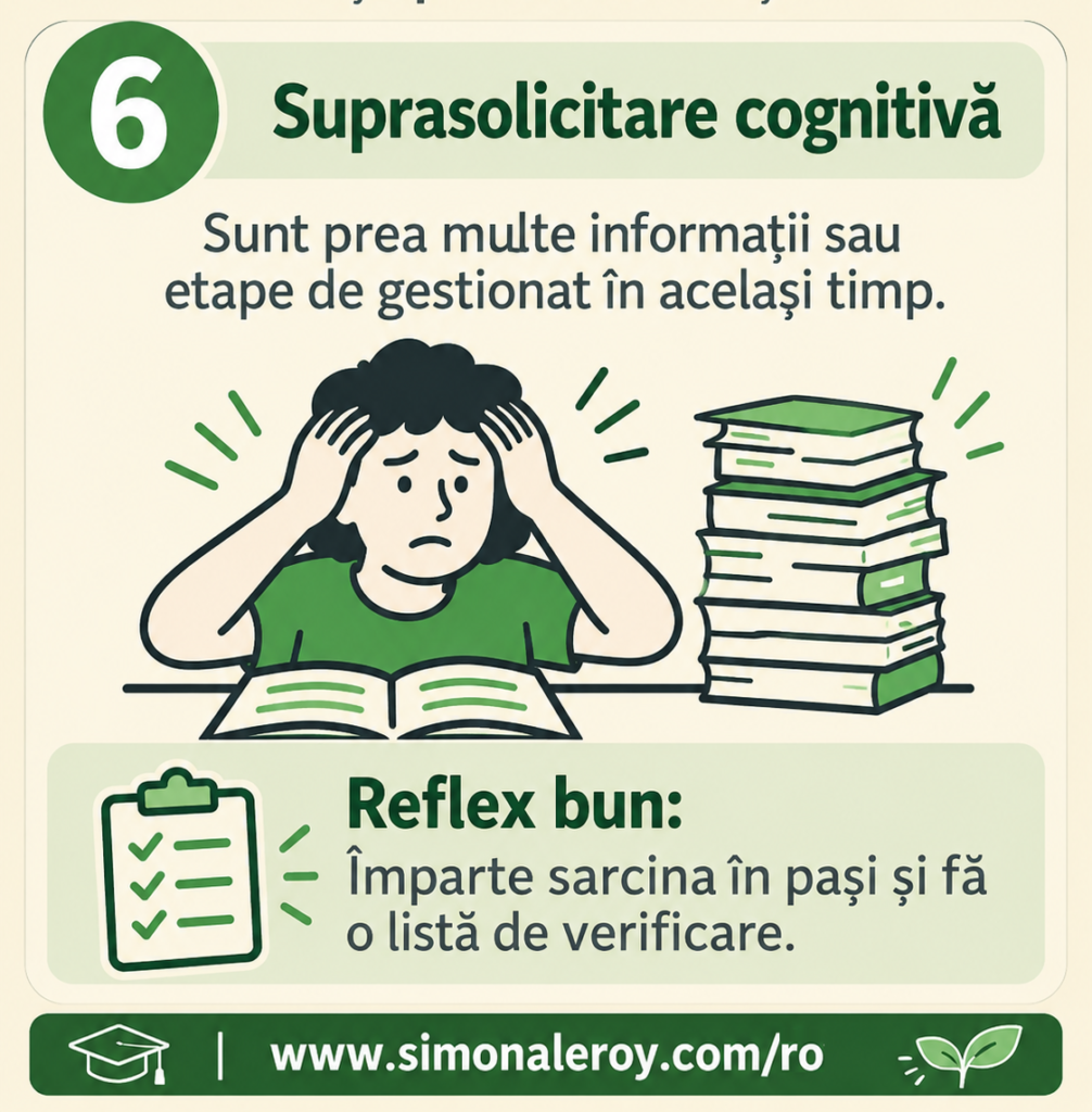 Fișa 6, suprasolicitare cognitivă: sunt prea multe informații sau etape de gestionat în același timp. Reflex bun: împarte sarcina în pași și fă o listă de verificare.