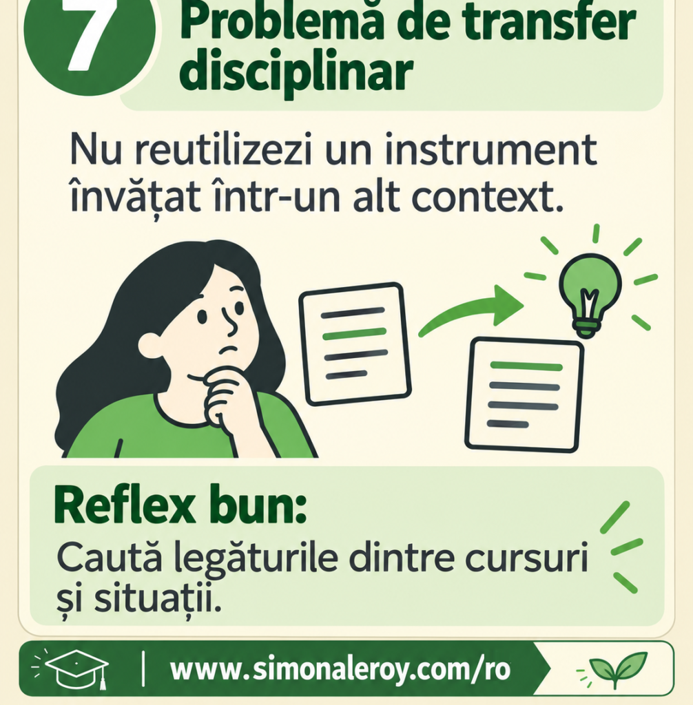 Fișa 7, problemă de transfer disciplinar: nu reutilizezi un instrument învățat într-un alt context. Reflex bun: caută legăturile dintre cursuri și situații.