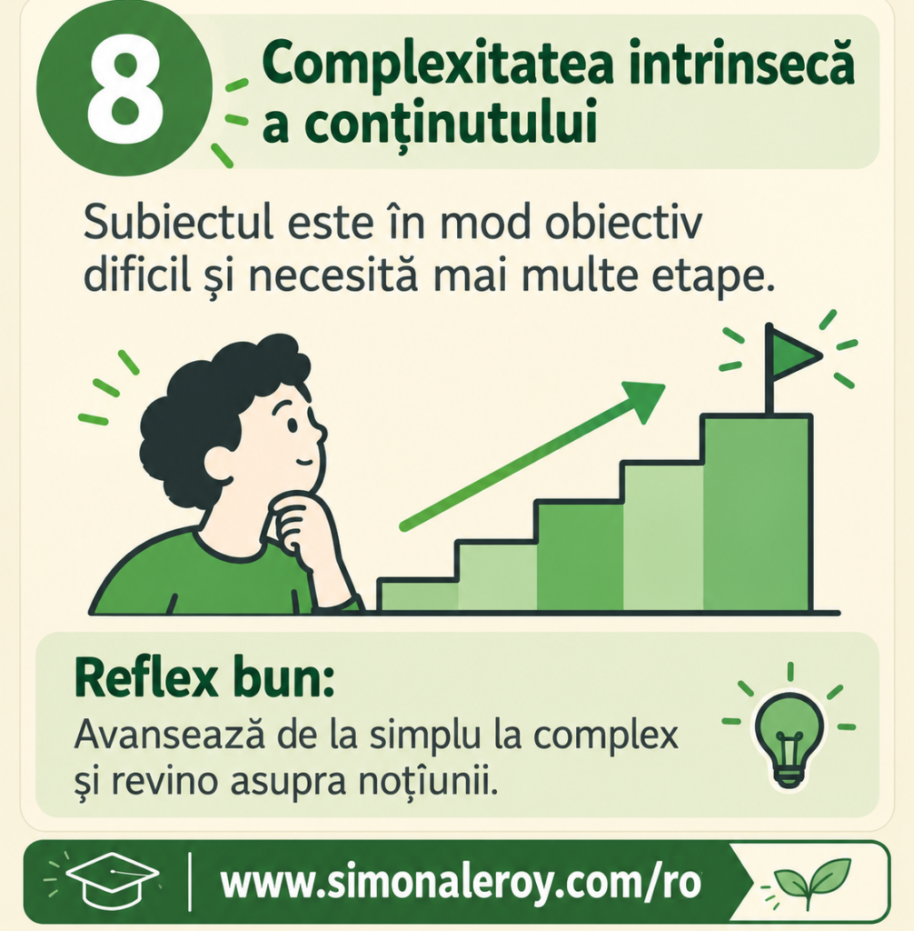 Fișa 8, complexitatea intrinsecă a conținutului: subiectul este în mod obiectiv dificil și necesită mai multe etape. Reflex bun: avansează de la simplu la complex și revino asupra noțiunii.
