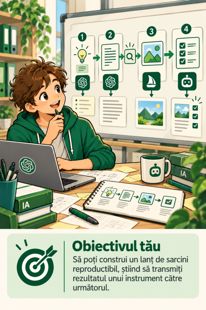 Un student construiește la tablă un lanț de instrumente IA, etapă cu etapă