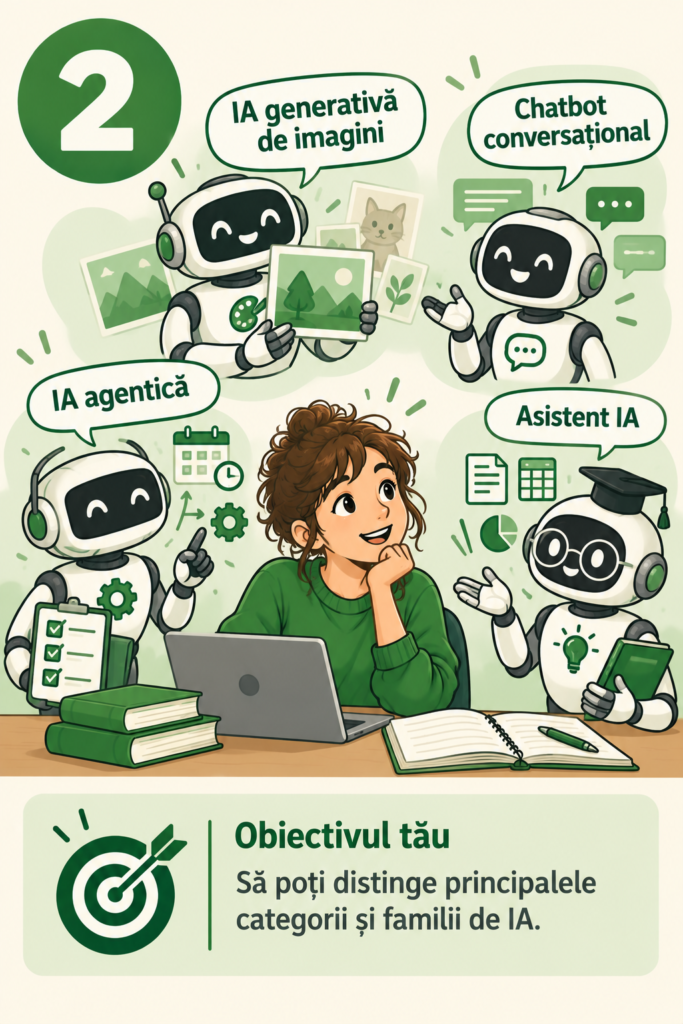 O tânără înconjurată de roboți care reprezintă diferite familii de IA: generare de imagini, chatbot, IA agentică