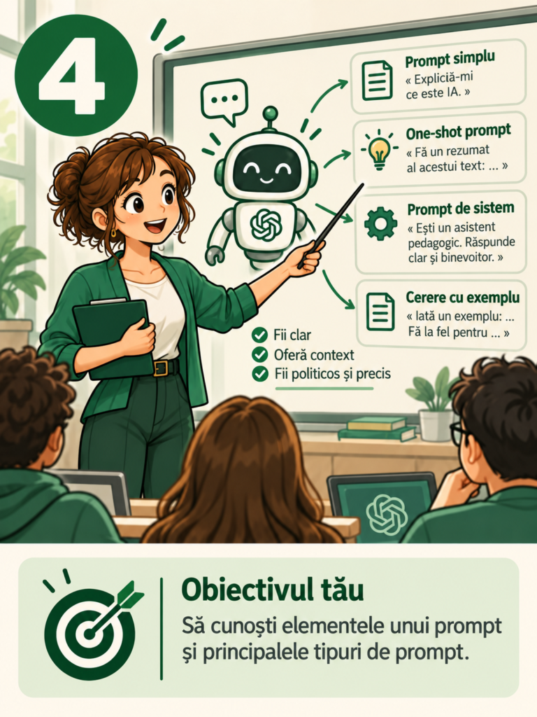O profesoară prezintă la tablă diferitele tipuri de prompt