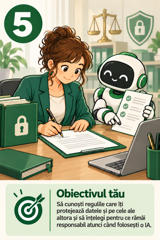 O femeie semnează un document lângă un robot, cu un dosar încuiat și o balanță a justiției