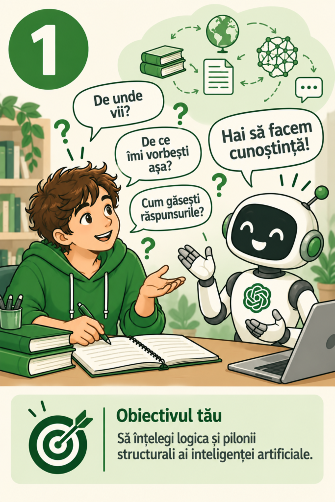 O persoană tânără face cunoștință cu un robot IA și îl întreabă de unde vine