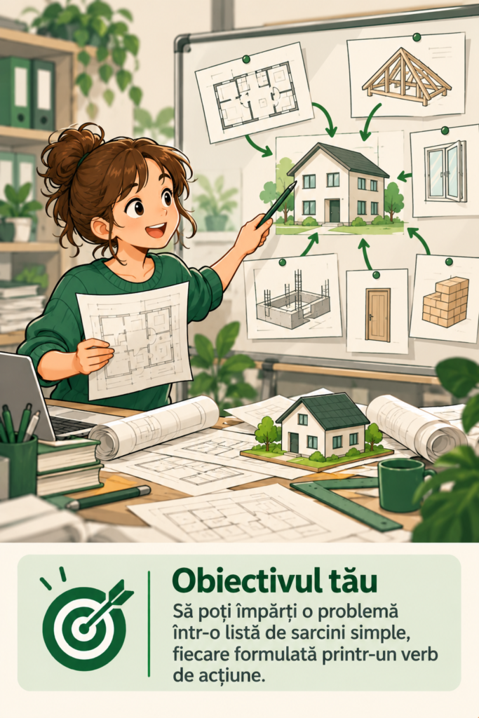 O tânără împarte la tablă, în etape, proiectul construirii unei case